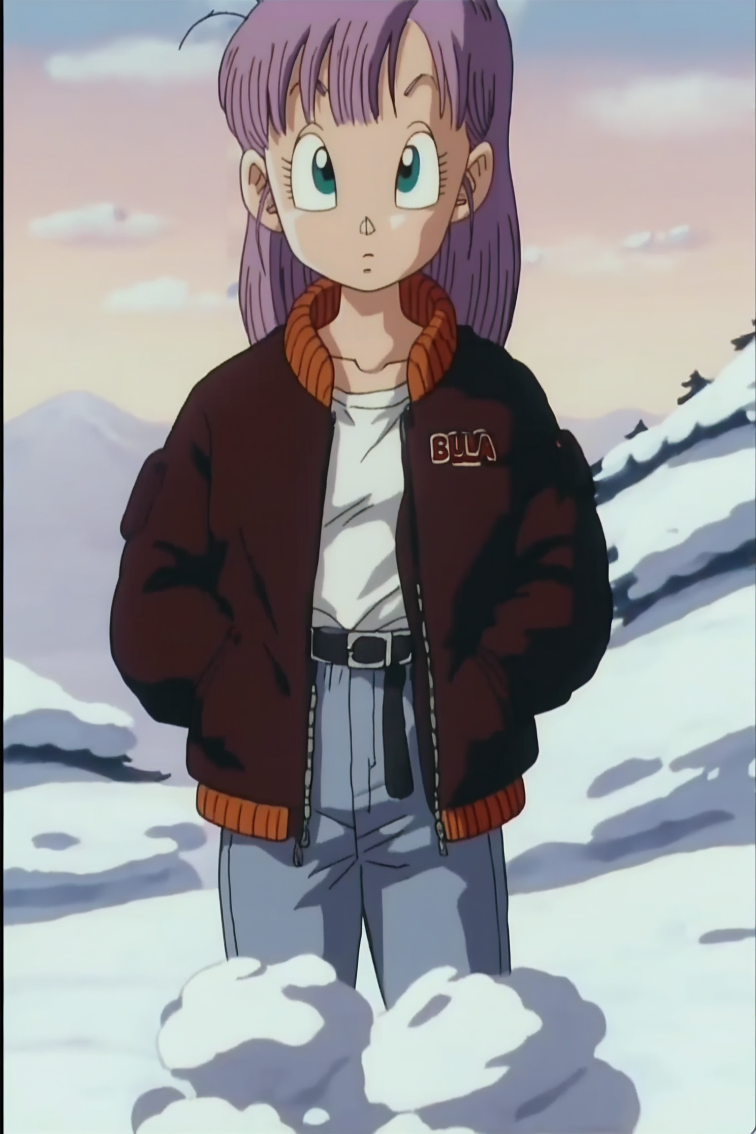 source_anime, score_9, score_8_up, score_7_up, anime screencap, absurdres,
bulma, path to power, 1girl, solo, looking at viewer, blue eyes, shirt, jacket, white shirt, upper body, purple hair, outdoors, open clothes, sky, day, belt, cloud, open jacket, black jacket, expressionless, snow, mountain, winter, official style
<lora:DB_Bulma_v1:0.8>