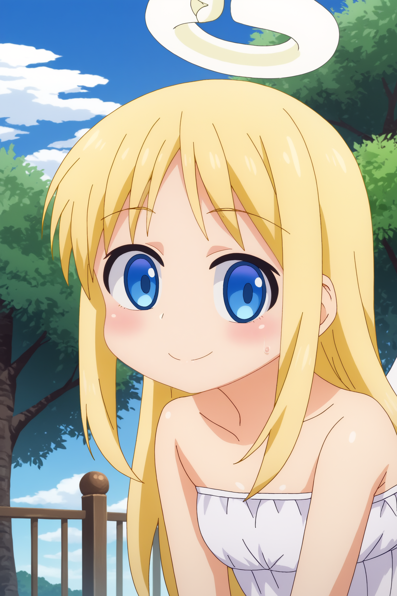 Crimvael, angel, broken halo, wings, solo, smile, anime coloring,  rating_all, outdoors, looking_at_viewer <lora:Ishuzoku_Reviewers-Crimvael-PDXL:0.8>