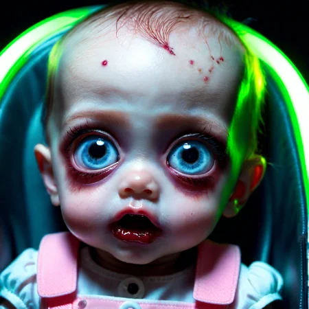<lora:add-detail-xl:0.8> Baby zombie girl sitting in a pram, in the style of the walking dead, glowing eyes, multiple facial expressions, cinematic quality, cinematic lighting, 128k, 1080p, hyper realistic details, Canon EOS 1200p, neon, black light,DSLR, maxim, pastel colour palette,(mark ryden 1.3) <lora:bigeyes-xl-v1:0.8> big eyes, anime eyes