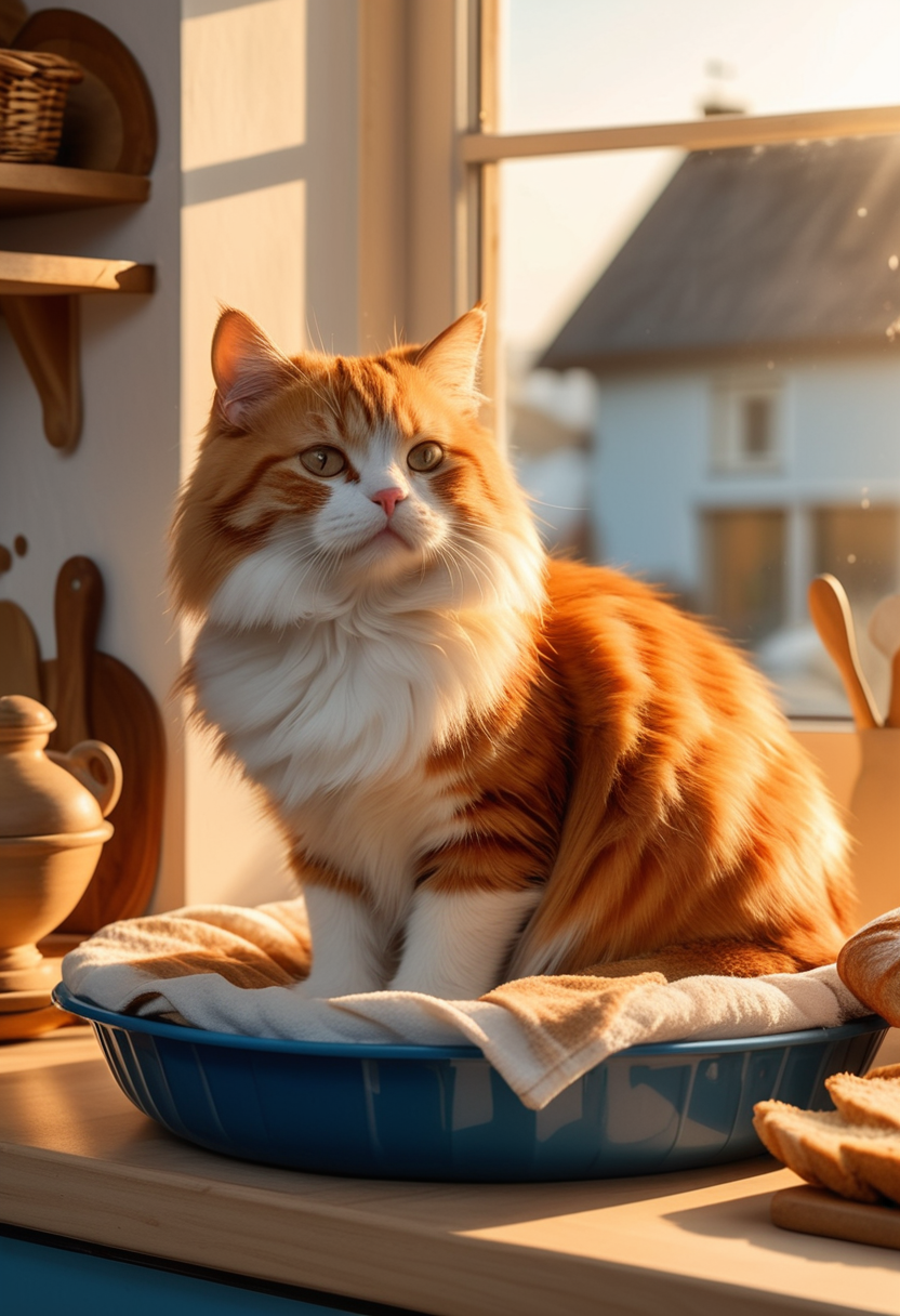 (medium full shot) of (charming cat), ginger fur, bicolor, blue, little cape,  set in  a tidy kitchen with a sunny window, a comfortable cat bed, and the smell of baking bread, during sunset, while grooming itself, Masterpiece,best quality, photo, realistic, very aesthetic,