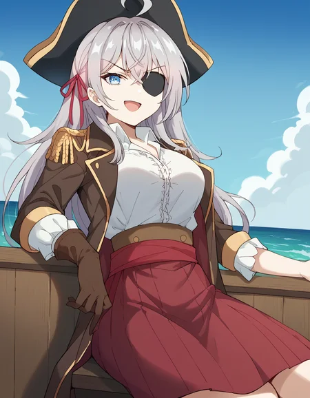 score_9, score_8_up, score_7_up, source_anime, alisamikhailovnakujou, <lora:alisa-mikhailovna-kujou-s1-ponyxl-lora-nochekaiser:1>, alisa mikhailovna kujou, long hair, bangs, blue eyes, hair ribbon, ahoge, grey hair, red ribbon, large breasts,, <lora:pirate-costume-ponyxl-lora-nochekaiser:1>, pirate costume, pirate hat, skirt, gloves, jacket, shirt, eyepatch,, blue sky, sea, ocean, pirate ship, treasure, gold, smug, open mouth, from below, sitting,, cowboy shot