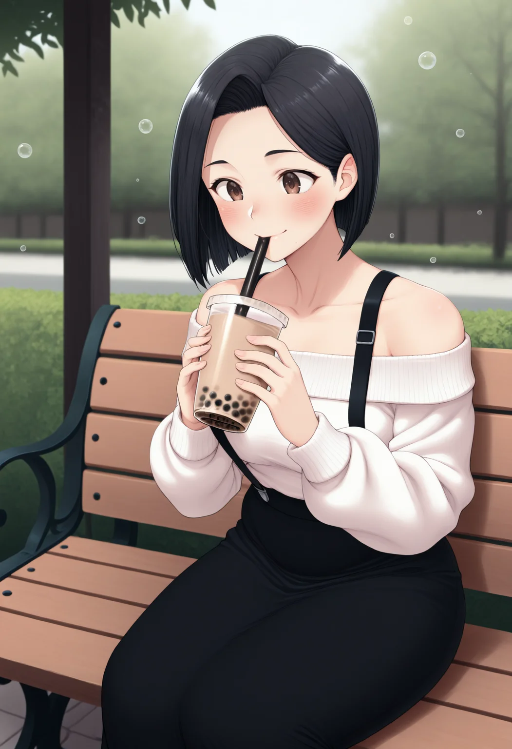 masterpiece, best quality, 1girl, solo, brown eyes, black hair, short hair, off-shoulder sweater, white sweater, suspenders, suspender skirt, long skirt, black skirt, outdoors, sitting, on bench, bubble tea, holding bubble tea, straw in mouth, drinking, smile, blush, <lora:ChamYamadaSanaeNoob:1>