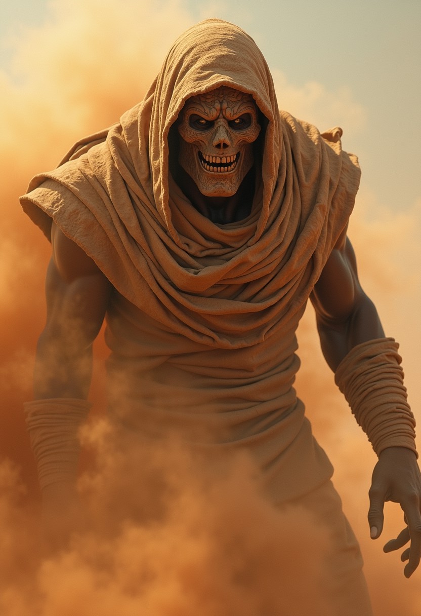 very dark focused flash photo, amazing quality, masterpiece, best quality, hyper detailed, ultra detailed, UHD, perfect anatomy, portrait, dof, hyper-realism, majestic, awesome, inspiring,Capture the thrilling showdown between the ancient mummy and the colossal sand boss in an epic battle amidst swirling dust and desert sands. Embrace the action and chaos as these formidable forces clash in the heart of the dunes. cinematic composition, soft shadows, national geographic styl very detailed, Shot in UHD