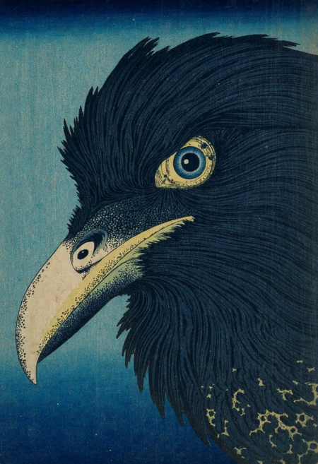 Ukiyo-e style by Katsushika Hokusai of a close-up of a raven's head, the raven's face is dominated by its sharp, black beak and piercing blue eyes, which are the focal point of the image, the eyes are vividly colored with a gradient of blue and yellow hues, creating a striking contrast against the dark, almost black background, the irises are vivid and appear to be glowing, adding a mystical, almost ethereal quality to the drawing, the texture of the feathers is smooth and detailed, with a slight sheen that enhances the realism, the background is blurred, featuring a dark, out-of-focus gradient that transitions from dark blue to lighter blue, suggesting a night-time setting, the overall mood of the drawing is intense and captivating, with the raven appearing as a symbol of power and authority,<lora:CustomFlux/Katsushika_Hokusai.safetensors:1.0:1.0>