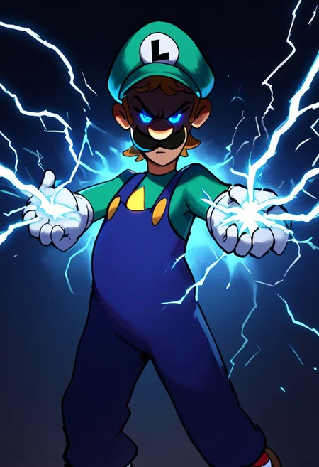 score_9, score_8_up, score_7_up
, masterpiece, beautiful,,electric powers, electricity bend, dynamic pose, dramatic lighting, itluigi, angry, bend knees,cartoon-style, green hat, green long-sleeved shirt, blue overalls, moustache, round nose, brown shoes, white gloves, yellow buttons, brown hair, slim, striped socks, red and white socks, l emblem on hat, looking at viewer, blue eyes, twinkling particles, stardust, eye_trail, glowing eyes,lightning thunder trails, lthndrtrl, lot of lightning coursing along body, electric yellow glow, large sparks of electricity, masterpiece, best quality, very aesthetic, made of golden and blue and red and yellow and purple lightning thunder trails , lthndrtrl, high score, great score, absurdres, shaded face,shaded face, (black face:1.2)glowing eyes