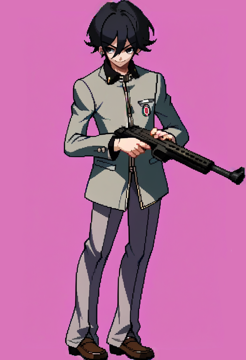 score_9, score_8_up, score_7_up, source_anime, BREAK, solo, 1boy, smile, looking at viewer, <lora:Under-Night-In-Birth-Sprites-pdxl_Fp:1>, simple background, full body, standing, <lora:Naoya-pdxl_Fp:1>, naoyap1, school uniform, grey pants, single earring, emblem, holding gun, black hair, black eyes, short hair,