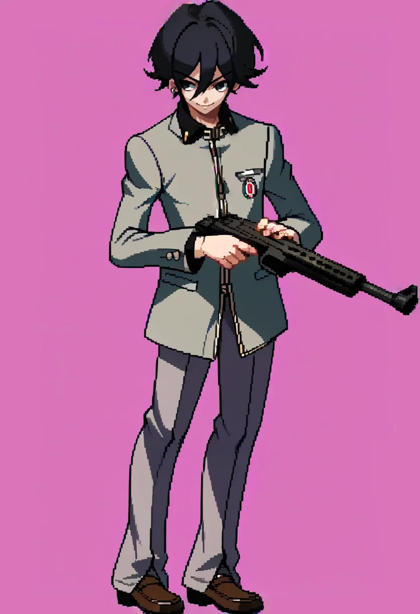 score_9, score_8_up, score_7_up, source_anime, BREAK, solo, 1boy, smile, looking at viewer, <lora:Under-Night-In-Birth-Sprites-pdxl_Fp:1>, simple background, full body, standing, <lora:Naoya-pdxl_Fp:1>, naoyap1, school uniform, grey pants, single earring, emblem, holding gun, black hair, black eyes, short hair,