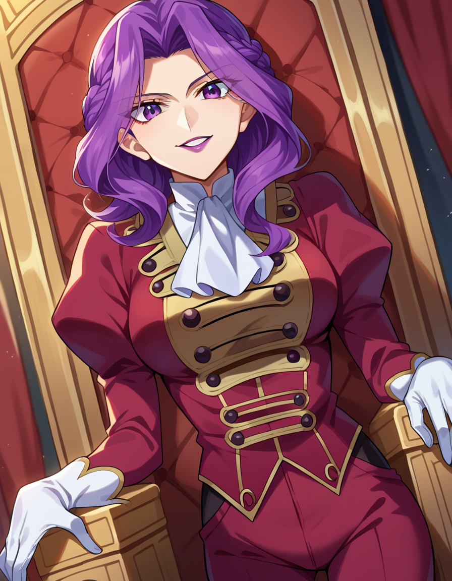 score_9, score_8_up, score_7_up, source_anime,
cornelialibritannia, <lora:cornelia-li-britannia-ponyxl-lora-nochekaiser:1>
cornelia li britannia, purple eyes, purple hair,
ascot, gloves, juliet sleeves, lipstick, long sleeves, makeup, pants, puffy sleeves, purple lips, red pants, red shirt, shirt, white ascot, white gloves,
indoors, throne, throne room, smile,
looking at viewer, dutch angle, cowboy shot