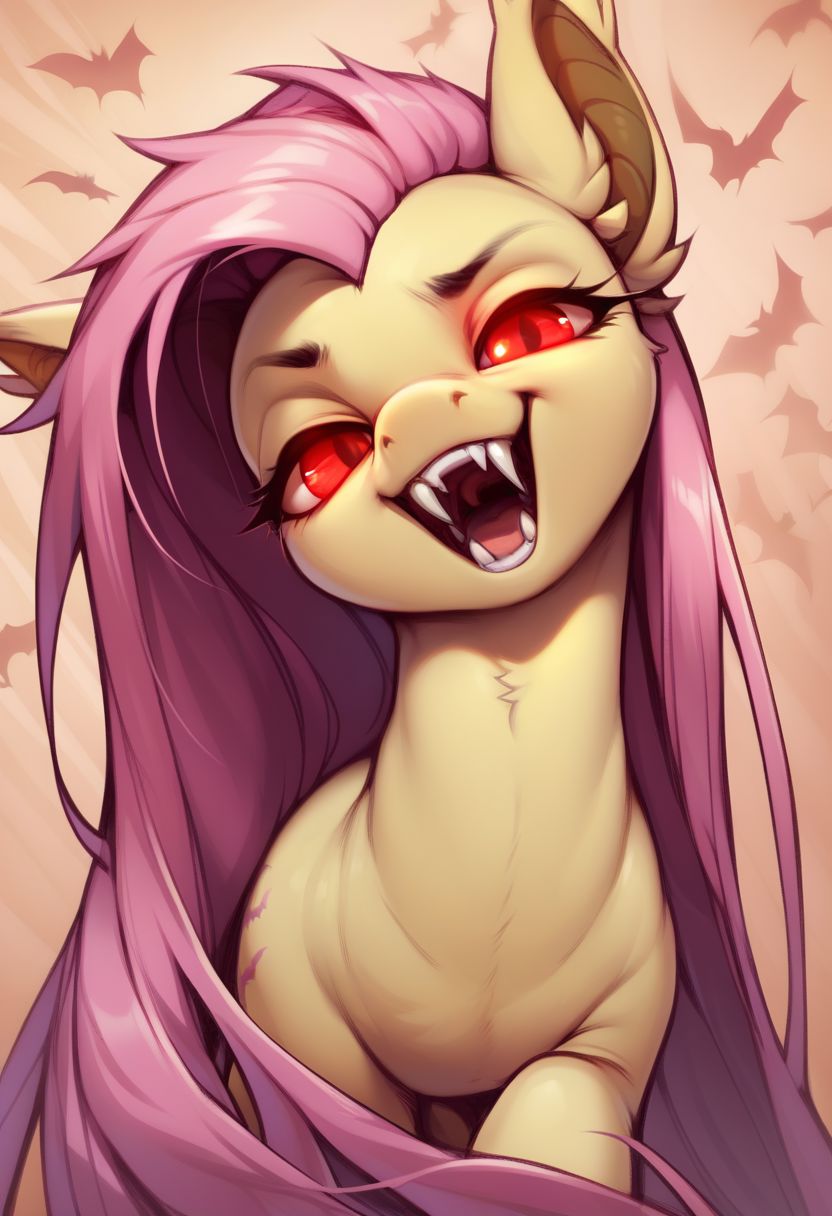 core_9, score_8_up, score_7_up, score_5_up, Pony, Fluttershy bat, (head tilt), very long hair, open mouth, abstract background, glowing eyes, fangs, grin,