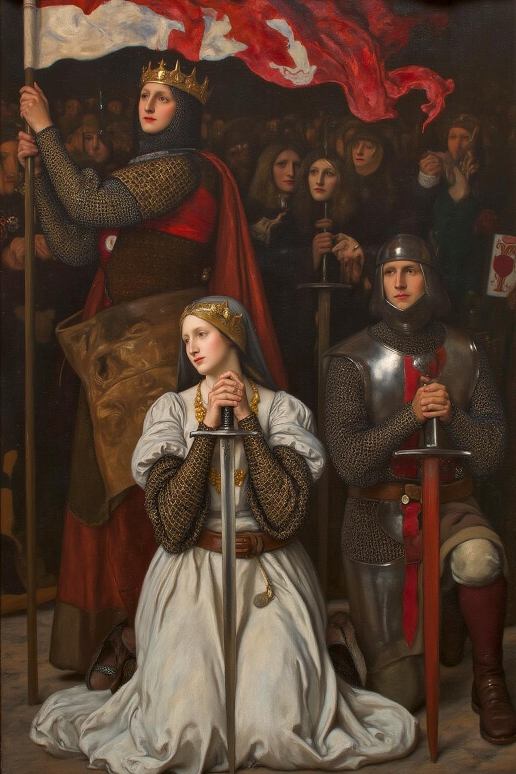 edwinabbey1 painting.
On the left, a king, in full medieval armor, is holding a flag.
In the center, Joan d'Arc, a woman with short hair, is kneeling while holding a
braodsword close to her check.
On the right, a knight is kneeling holding his sword with both hands.
 <lora:edwinabbey1_cap_d6a3:1.0><lora:837005133893202004:0>