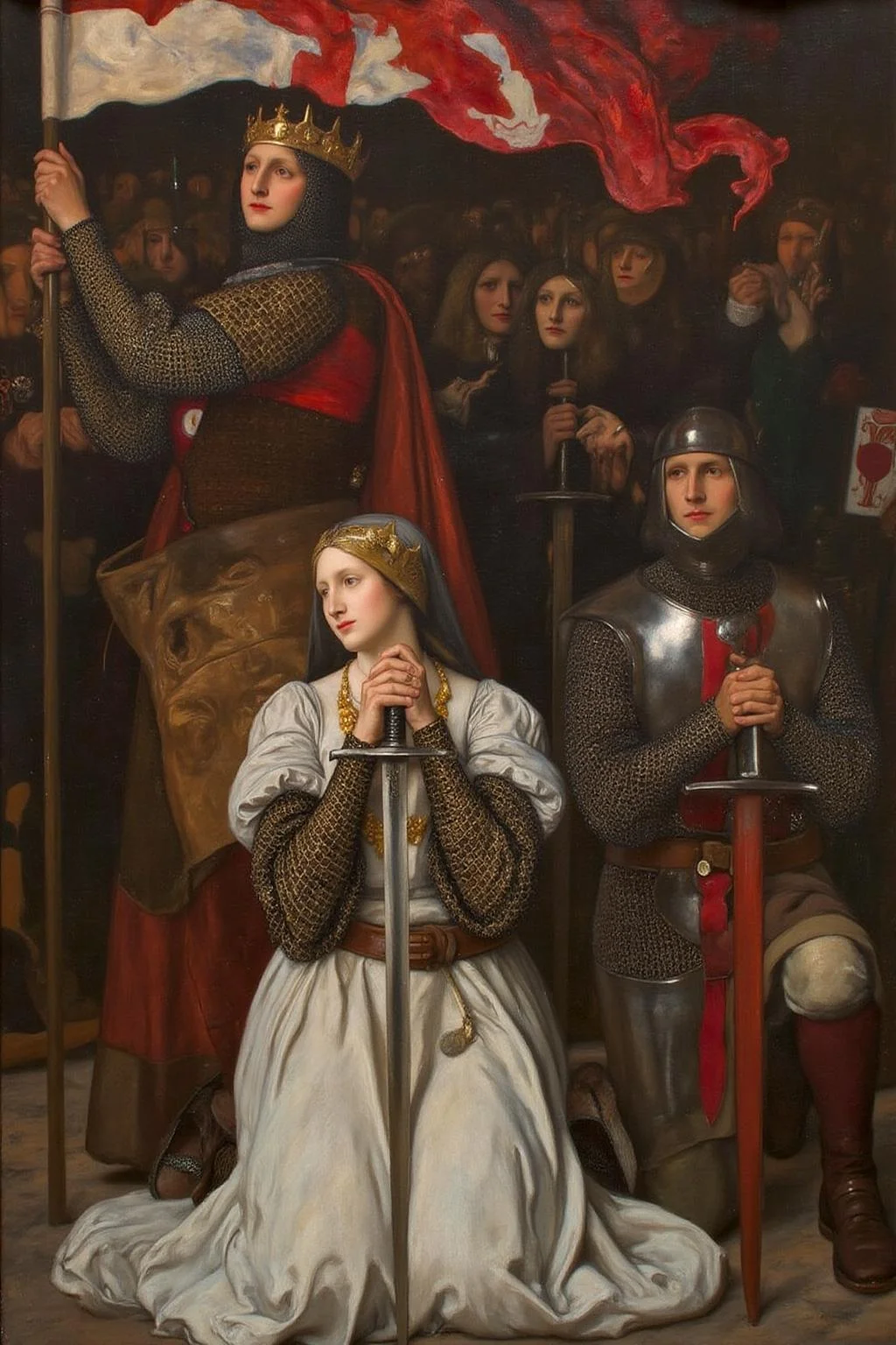 edwinabbey1 painting.
On the left, a king, in full medieval armor, is holding a flag.
In the center, Joan d'Arc, a woman with short hair, is kneeling while holding a
braodsword close to her check.
On the right, a knight is kneeling holding his sword with both hands.
 <lora:edwinabbey1_cap_d6a3:1.0><lora:837005133893202004:0>