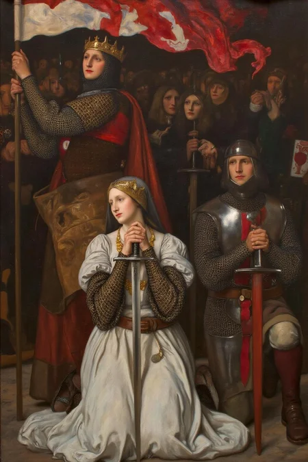 edwinabbey1 painting.
On the left, a king, in full medieval armor, is holding a flag.
In the center, Joan d'Arc, a woman with short hair, is kneeling while holding a
braodsword close to her check.
On the right, a knight is kneeling holding his sword with both hands.
<lora:edwinabbey1_cap_d6a3:1.0><lora:837005133893202004:0>