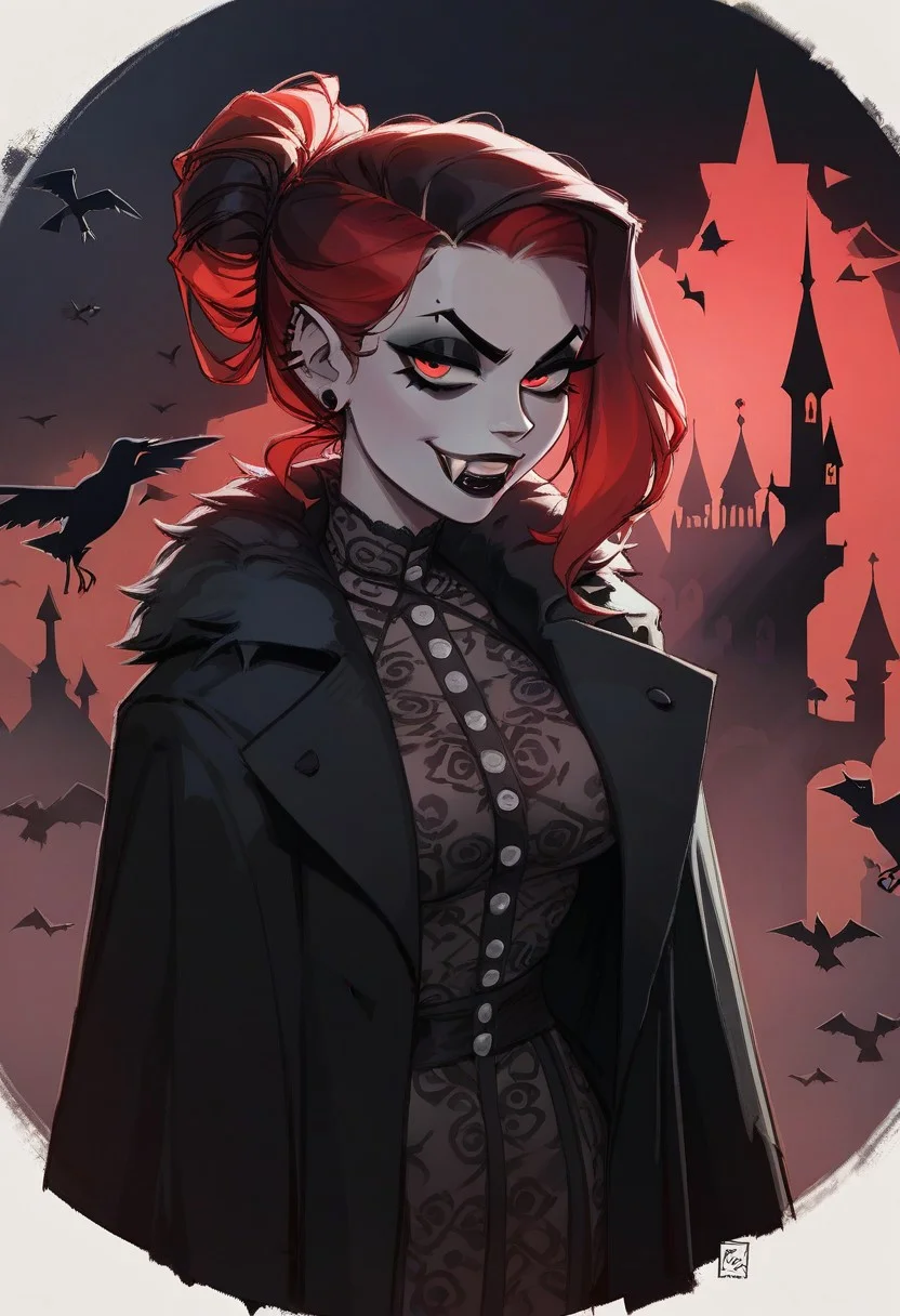 score_9, score_8_up,  score_8_up,  sexy woman,   vampires, intricate outfit, bobcat hairstyle,  black coat,  fangs, smug,  gothic atmosphere, crows, dark castle, outdoors,  black colors, red colors, detailed background,  simple shadows, flat coloring, flat shadows, thick lines, white outline,