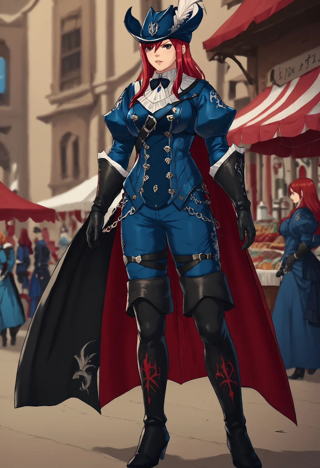score_9, score_8_up, score_7_up,1girl, solo, public, market, full body, middle eastern architecture, rdmaf, duelist head, duelist body, duelist gloves, duelist pants, duelist cape, duelist boots, hat feather, <lora:Red_Mage:1>, <lora:erza-scarlet-ponyxl-lora-nochekaiser:.75> erza scarlet, long hair, red hair, hair between eyes, brown eyes, (blue clothing:1.5) ,blurry background,