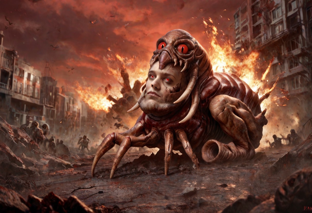score_9, score_8_up, score_7_up, realistic, kimkoh, bug monster, red eyes, claw, male monster, mask face, expressionless, action movie, explosions, giant kaiju, skyscrapers, fire, destroyed city, red sky, running crowd