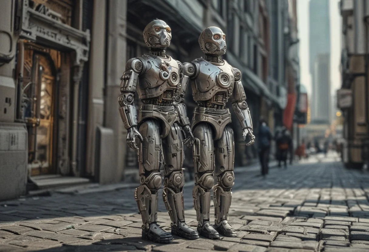 realistic grey iron steampunk android, boots, miniature, hyper realistic, action figure, reality-shot, realism, realistic photography of a very detailed awesome robot, in a cyberpunk modern city environment, looking at viewer, magical landscape with enchanted elements, fantasy art style, modern theme, intricate details, ultra sharp, exquisite detail, flawless composition, vivid colors, masterpiece, exciting background, looking at viewer, solo, ral-rbtcprtz, novuschroma53 style, C-3PO