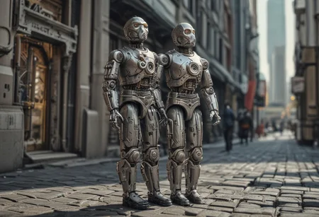 realistic grey iron steampunk android, boots, miniature, hyper realistic, action figure, reality-shot, realism, realistic photography of a very detailed awesome robot, in a cyberpunk modern city environment, looking at viewer, magical landscape with enchanted elements, fantasy art style, modern theme, intricate details, ultra sharp, exquisite detail, flawless composition, vivid colors, masterpiece, exciting background, looking at viewer, solo, ral-rbtcprtz, novuschroma53 style, C-3PO