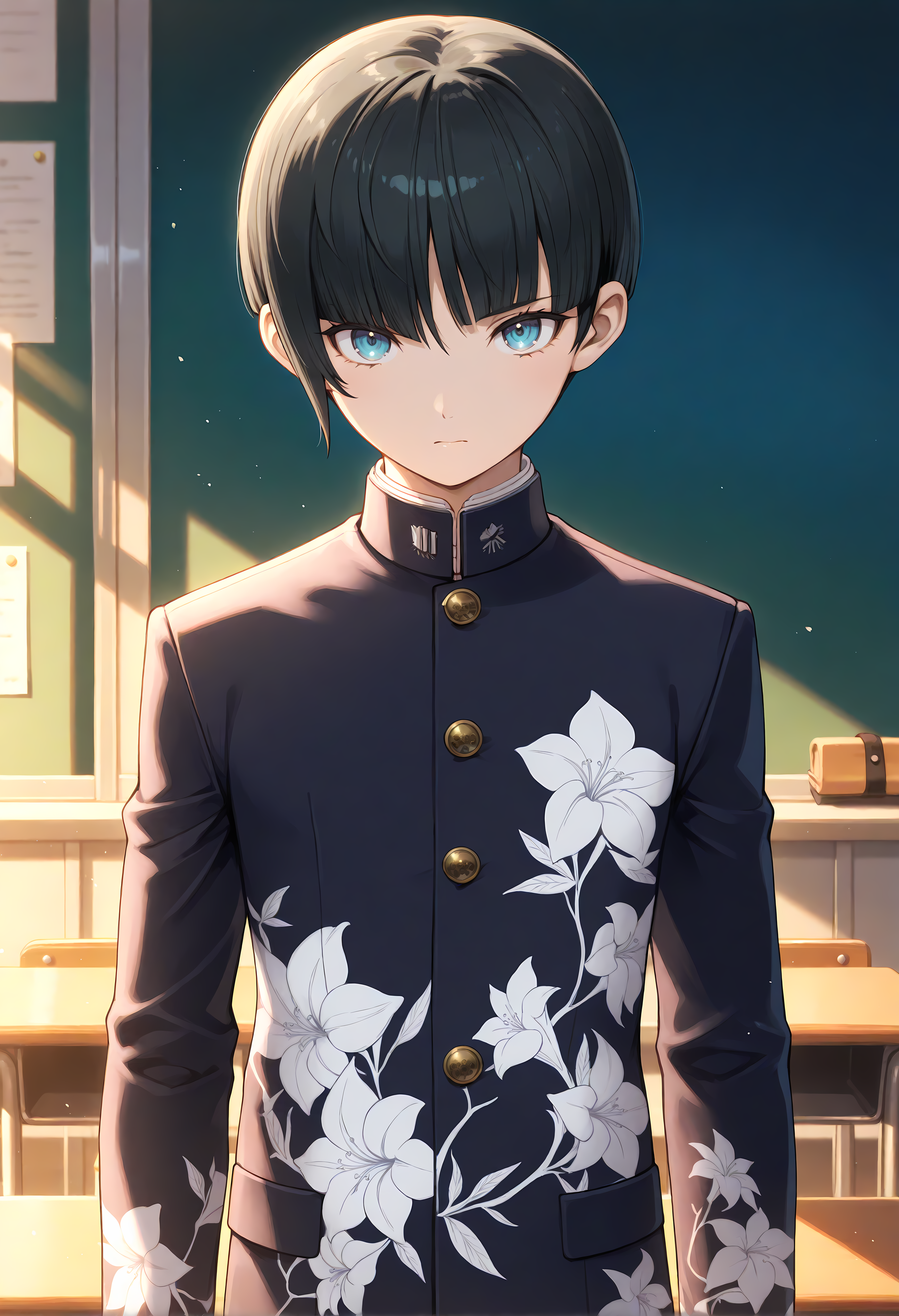 masterpiece, best quality, amazing quality, very aesthetic, <lora:noobai_vpred_1_aqm_complete_v3:1>, high resolution, 1boy, solo, <lora:NahobinoSMTV_NoobVpred10_v1:1>, normalbiNoob, bowl cut, school uniform, black hair, gakuran, blue eyes, bangs, floral print, standing BREAK close view, looking at viewer, volumetric lighting, classroom