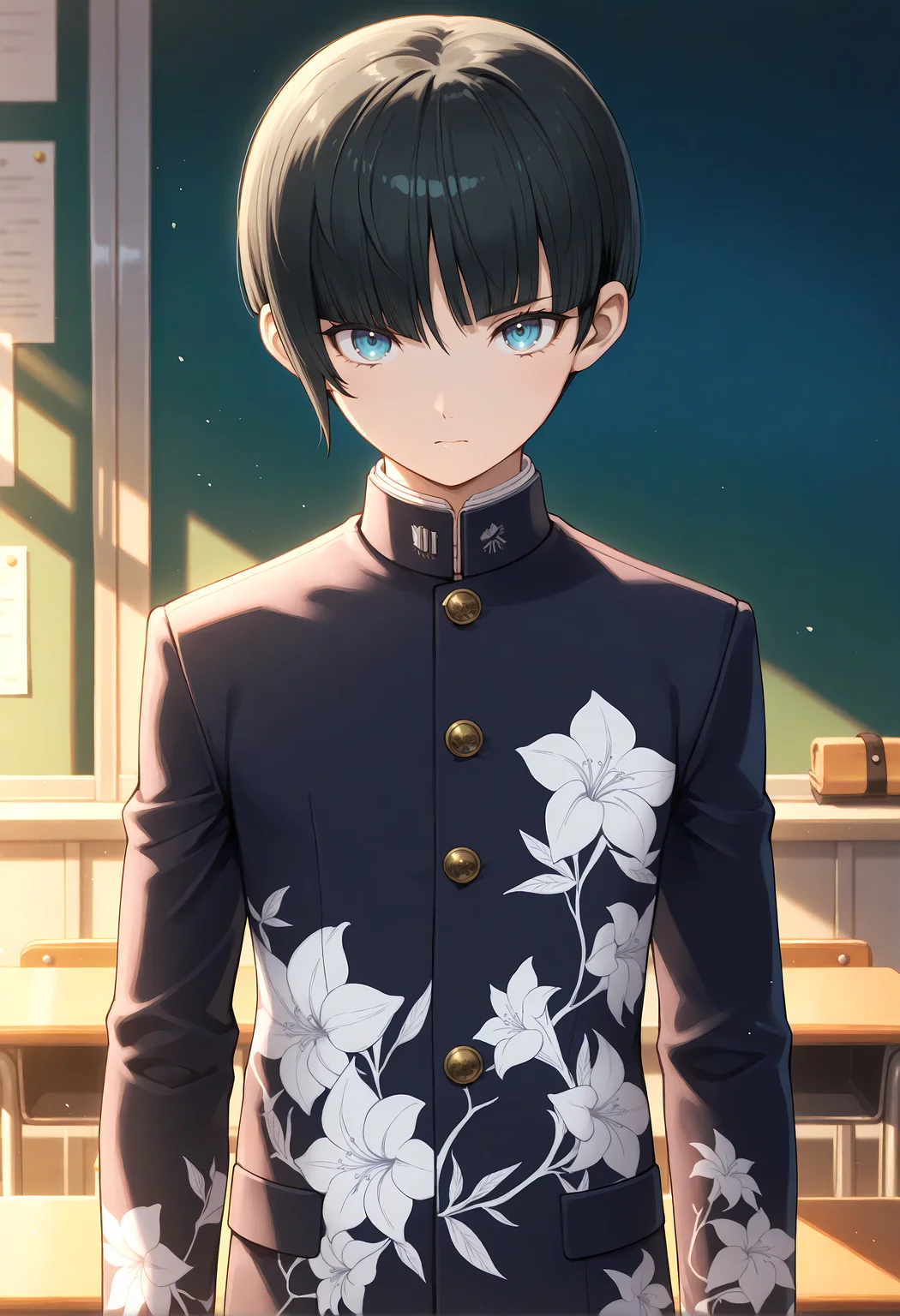 masterpiece, best quality, amazing quality, very aesthetic, <lora:noobai_vpred_1_aqm_complete_v3:1>, high resolution, 1boy, solo, <lora:NahobinoSMTV_NoobVpred10_v1:1>, normalbiNoob, bowl cut, school uniform, black hair, gakuran, blue eyes, bangs, floral print, standing BREAK close view, looking at viewer, volumetric lighting, classroom