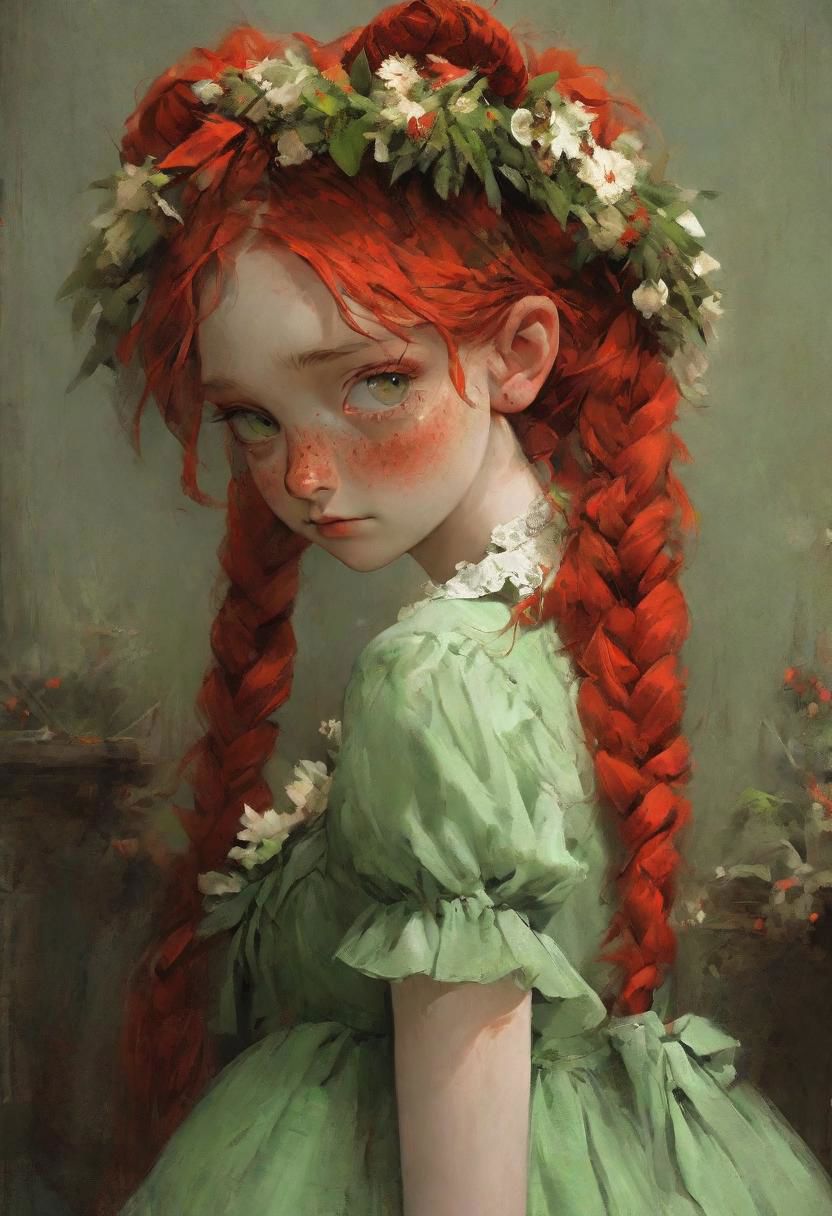 masterpiece,   best quality,
red pigtails, a wreath of flowers on her head,freckles, a green dress