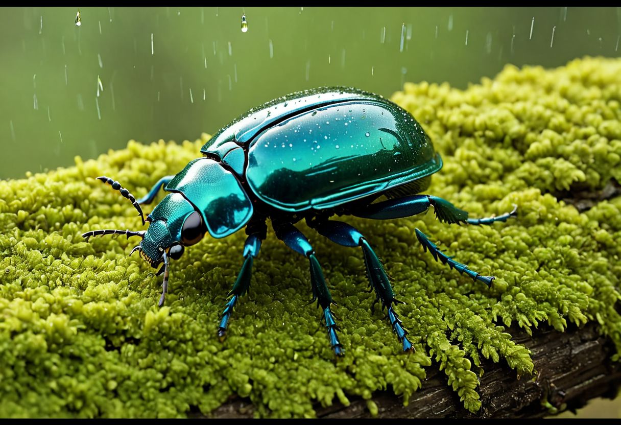 Cinematic, Cinematic Lighting, Cinematic Shot, extremely detailed, Film Still, macro photography, depth of field,  high detail, hires textures, incredibly detailed, intricate details, intricate diorama, masterpiece, Movie Still, outstanding intricacies, photorealism, true masterpiece, fountain background, glamourous, Stately, scarab beetle, rain beetle, cry5t415ku11, Pleocoma badia, Pacific Northwest conifer forest, sitting on a rotten log with moss and fungi.