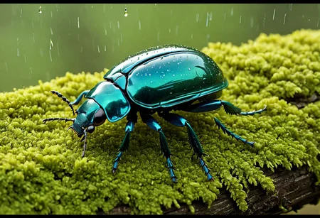 Cinematic, Cinematic Lighting, Cinematic Shot, extremely detailed, Film Still, macro photography, depth of field,  high detail, hires textures, incredibly detailed, intricate details, intricate diorama, masterpiece, Movie Still, outstanding intricacies, photorealism, true masterpiece, fountain background, glamourous, Stately, scarab beetle, rain beetle, cry5t415ku11, Pleocoma badia, Pacific Northwest conifer forest, sitting on a rotten log with moss and fungi.