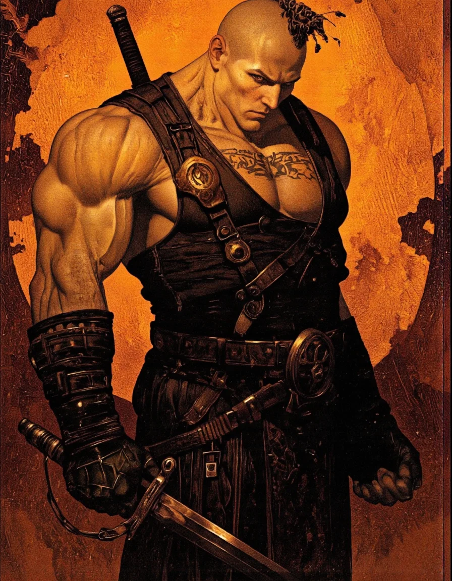 Art by Gerald Brom. A digital illustration shoot from a portrait camera angle about a muscular, bald, muscular man with a unique hairstyle and a serious expression, standing confidently in the middle of the image, holding a katana in his right hand. the man, who appears to be in his mid-twenties, has a bald head with a tribal tattoo on it, and is wearing a black, sleeveless outfit with a black belt and black gloves. he has a muscular physique and is standing with his arms at his sides, looking directly at the viewer with a confident expression. the background is a warm, orangeish-brown color with a textured, smoky effect, giving the image a dramatic and intense atmosphere. the lighting is dramatic, highlighting the man's physique and the intricate details of his facial features, which are highlighted by the warm tones of the background.