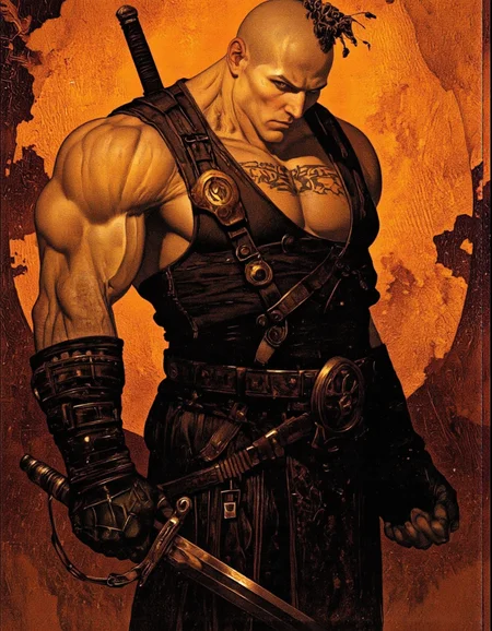 Art by Gerald Brom. A digital illustration shoot from a portrait camera angle about a muscular, bald, muscular man with a unique hairstyle and a serious expression, standing confidently in the middle of the image, holding a katana in his right hand. the man, who appears to be in his mid-twenties, has a bald head with a tribal tattoo on it, and is wearing a black, sleeveless outfit with a black belt and black gloves. he has a muscular physique and is standing with his arms at his sides, looking directly at the viewer with a confident expression. the background is a warm, orangeish-brown color with a textured, smoky effect, giving the image a dramatic and intense atmosphere. the lighting is dramatic, highlighting the man's physique and the intricate details of his facial features, which are highlighted by the warm tones of the background.