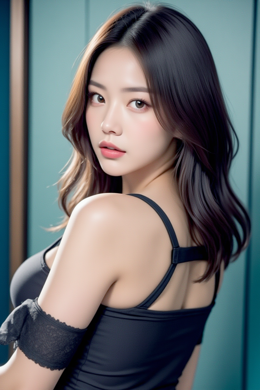 [10][24_94]<lora:SofiaFluxV102:1>, Realistic photograph, masterpiece, Against a soft, true gradient blue background, a stunning real large breasts Japanese woman with long, flowing dark hair, her piercing gaze directly addressing the viewer. skirt, sitting, shirt, looking at viewer, white shirt, pencil skirt, short sleeves, indoors, black skirt, brown eyes, parted lips, plant, collared shirt, window, smile