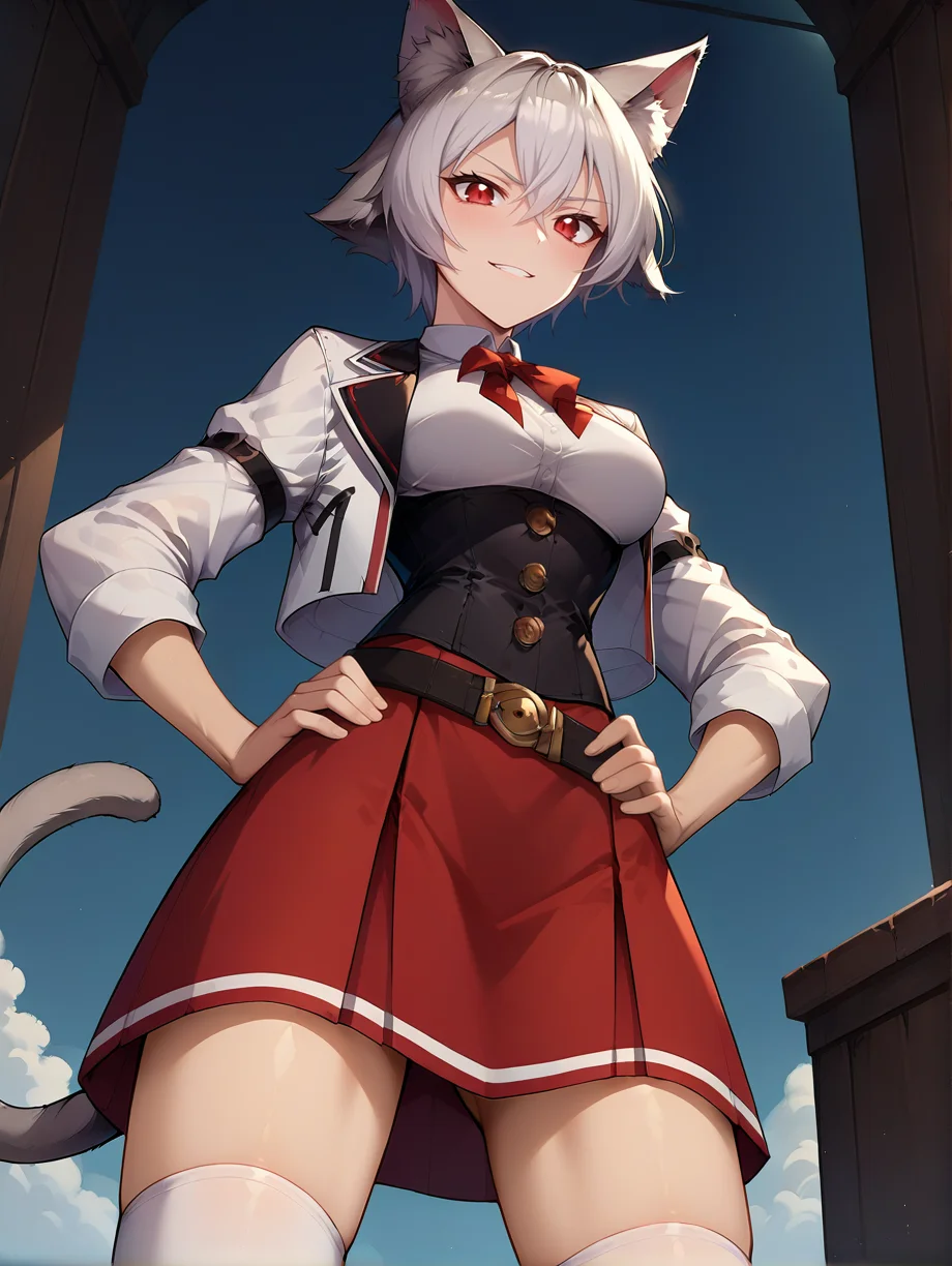 score_9, score_8_up, score_7_up, source_anime
1girl,
linia dedoldia, red eyes, short hair, grey hair, hair between eyes, animal ears, cat tail, animal ear fluff,
red skirt, black corset, white shirt, white jacket, red ribbon, bow, buttons, boots, white socks, belt, cropped jacket
medium breasts, standing, hands on hips, from below, fang
<lora:Expressive_H:0.2> <lora:housechores-guy-PONYv1:0.4> <lora:linia dedoldia 0.1:0.9>