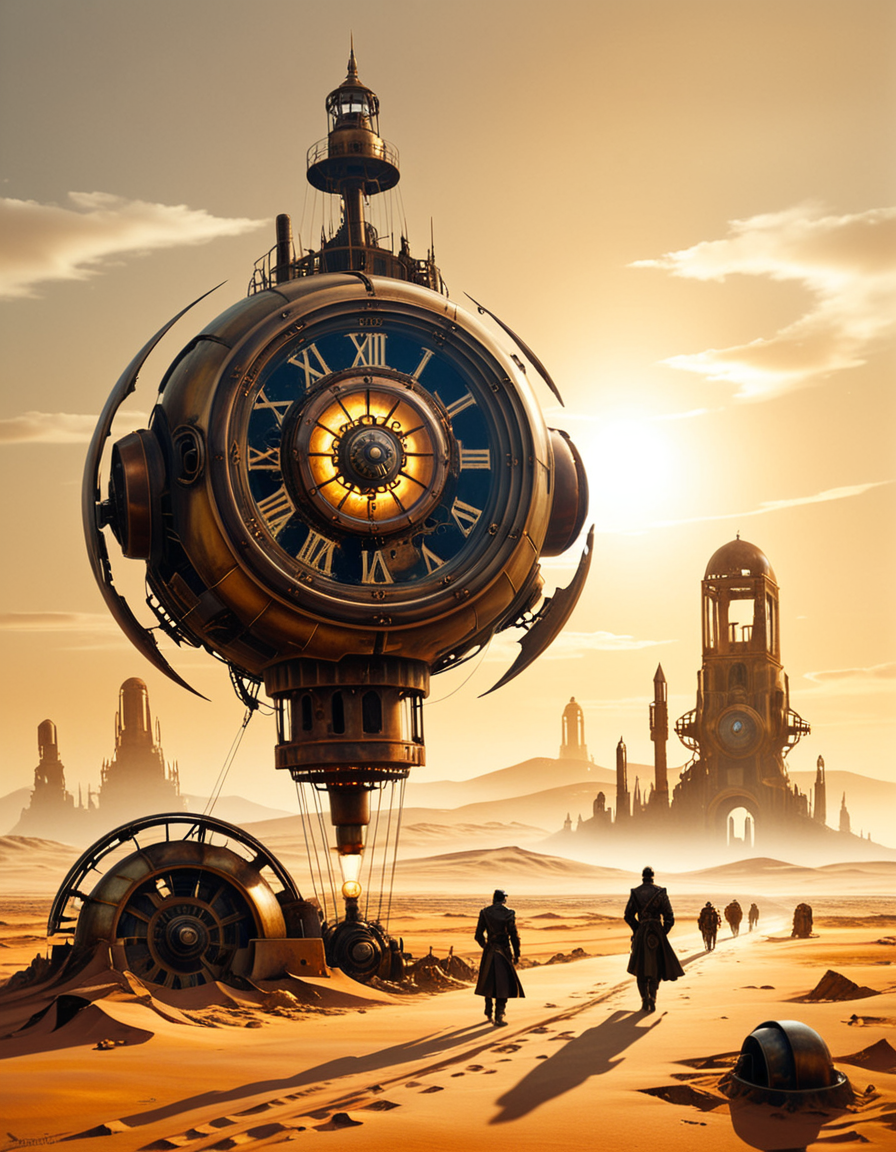 A surreal, post-apocalyptic painting in the style of JarosÅaw Jasnikowski, depicting the remnants of humanity fully transformed into biomechanical cyborgs wandering across an endless desert. The figures are tall and thin, with elongated limbs made of polished brass, steel cables, and exposed clockwork mechanisms. Their faces are partially human, partially machineâsome with glowing eyes, others with metal masks or glass domes revealing complex gears within. Each cyborg carries strange mechanical devices or wears baroque, steampunk-inspired armor. The desert landscape is vast and cracked, with rusted machine parts half-buried in the sand and fragments of broken technology scattered across the ground. In the distance, colossal, decaying machines lie abandonedâhalf-sunken cities, metallic towers bent by time, and airships grounded and torn apart. The sky is hazy and ochre-colored, with two suns casting long, warped shadows. The atmosphere is haunting and symbolic, evoking themes of lost humanity, time, and industrial decay. Rich textures, dark golden tones, and impossible architecture complete the surreal and philosophical ambiance typical of Jasnikowskiâs work.<lora:SDXLFaeTastic2400:0.4> <lora:extremely_detailed:0.4> extremely detailed, <lora:JarosÅaw_J4sn1k0wsk1_r1:1>,JarosÅaw J4sn1k0wsk1, Masterpiece,best quality,hi res,8k,hi res,8k,award winning,(sharp focus, intricate, highly detailed),
