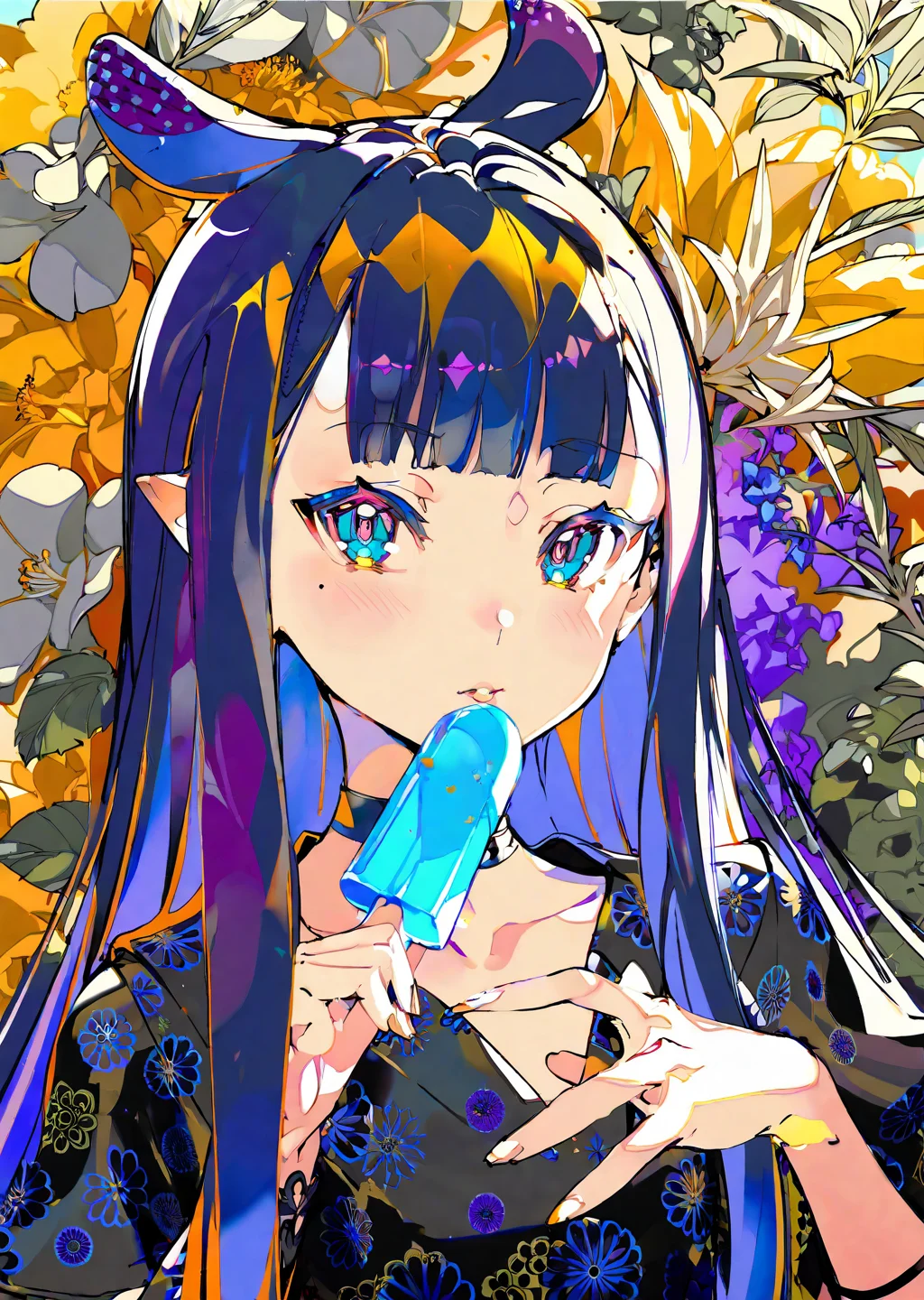 ninomae ina'nis, 1girl, virtual youtuber, popsicle, food, long hair, pointy ears, solo, sidelocks, mole under eye, bangs, purple hair, tentacle hair, multicolored hair, orange hair, gradient hair, blunt bangs, flower, mole, looking at viewer, blue flower, blue eyes, holding, very long hair, holding food, blush, eating, upper body, choker, animal ears
by taiki