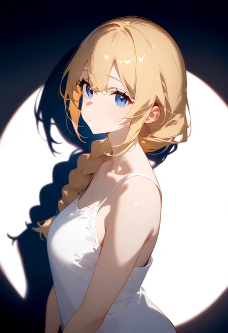 <lora:a31_style_koni:1>, indoors, bedroom, 1girl, solo, long hair, single braid, blonde hair, blue eyes, tareme, collarbone, white camisole, standing, upper body, turning head, sideways glance, pov, <lora:spotlight_sdxl:1>, spotlight, shadow, masterpiece, best quality, very aesthetic, absurdres