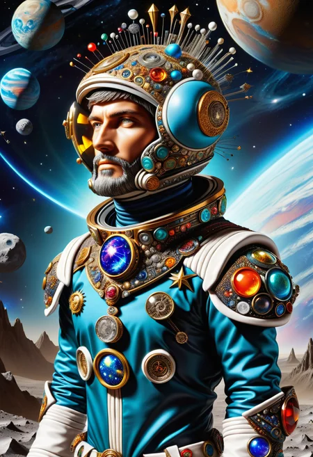 hyper detailed masterpiece, dynamic, awesome quality,DonMN33dl3P1ll0wXL male spacefaring civilization- extravagantly adorned being wearing sophisticated space-faring uniforms and insignias, guardian, brimstone pendant <lora:DonMN33dl3P1ll0wXL:1>