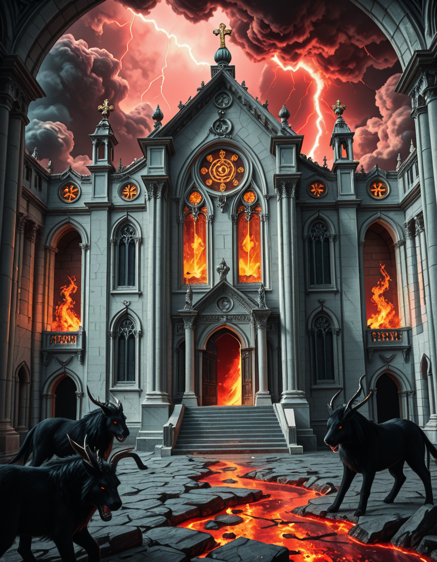 A once-majestic celestial temple, now under siege by the forces of Hell. The grand white stone structure is cracked and scorched, its golden crosses twisted and broken. The stained-glass windows, once glowing with warm divine light, are now shattered, with demonic symbols glowing ominously in their place. The sky, once a serene blue, is now consumed by dark storm clouds, swirling with red lightning and thick smoke.
Black, jagged chains extend from the sky, wrapping around the temple as if trying to pull it down into the abyss. The once-fluffy clouds beneath the structure are now a chaotic mix of fire, ash, and dark mist, with glimpses of molten lava cracks below. Infernal creatures with glowing red eyes lurk in the shadows, their silhouettes barely visible through the smoke and fire.
The temple doors are blown open, revealing an eerie red glow emanating from within, as if Hell itself is consuming the sacred space. Massive demonic runes are etched into the stone, pulsating with an unholy energy. The entire scene is bathed in a deep crimson and orange glow, giving it an apocalyptic and nightmarish atmosphere.
Style & Lighting:
- Dark fantasy, highly detailed
- Dramatic, high-contrast lighting with fiery glows
- Cinematic composition, epic scale
- Strong use of shadows, embers, and atmospheric foghighly detailed and atmospheric view from inside a massive birdcage, large enough for a human to stand inside. The cage is made of ornate, aged metal bars with intricate Victorian-style patterns, curving elegantly towards the domed ceiling. Sunlight filters through the gaps between the bars, casting long, dramatic shadows on the wooden floor. Delicate vines and small flowers have begun to grow around the bars, adding a touch of nature reclaiming the space. The background beyond the cage is blurred, hinting at a lush garden or a mysterious, abandoned mansion. The ambiance is serene yet slightly melancholic, with warm golden light illuminating dust particles floating in the air. Soft feathers are scattered on the floor, adding to the sense of quiet abandonment. The perspective makes the viewer feel as if they are inside the cage, looking outward, surrounded by both beauty and confinement. The style is highly detailed and realistic, with a cinematic and slightly surreal atmosphere.
<lora:SDXLFaeTastic2400:0.4> <lora:extremely_detailed:0.4> extremely detailed, <lora:evil_celestial_t3mpl3-i:1>,evil celestial t3mpl3, Masterpiece,best quality,hi res,8k,hi res,8k,award winning,(sharp focus, intricate, highly detailed),
