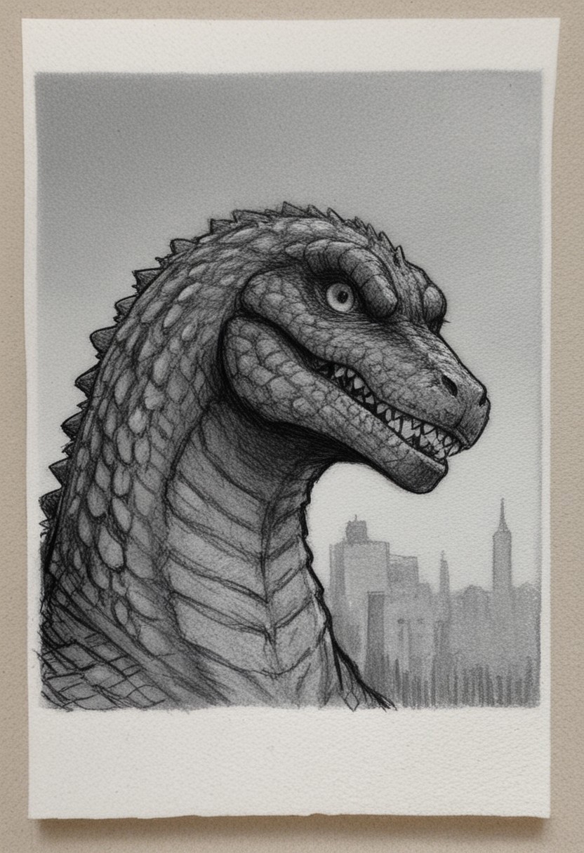 traditional media \(artwork\),monochrome,sketch,rough sketch,paper texture, 1monster, solo, giant reptillian dinosaur godzilla, sharp teeth, dorsal plates, spines, feral, realistic scales, detailed scale texture, furry male, solo, plantigrade, close up, slender, long neck, solo, extremely detailed, Macro detailed realism style, creature, scales, textured skin, sharp teeth, spikes, back spikes, Masterpiece,Sharp focus,UHD,Polaroid,High quality,Perfect,Atmospheric,64k,8k,CCTV,Telephoto,