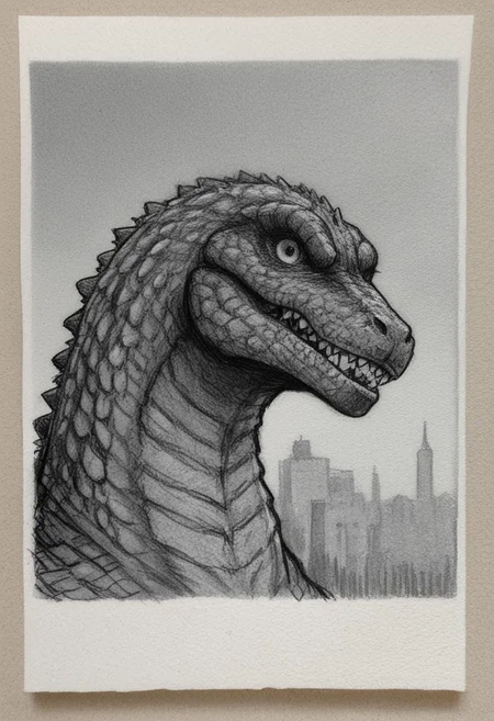traditional media \(artwork\),monochrome,sketch,rough sketch,paper texture, 1monster, solo, giant reptillian dinosaur godzilla, sharp teeth, dorsal plates, spines, feral, realistic scales, detailed scale texture, furry male, solo, plantigrade, close up, slender, long neck, solo, extremely detailed, Macro detailed realism style, creature, scales, textured skin, sharp teeth, spikes, back spikes, Masterpiece,Sharp focus,UHD,Polaroid,High quality,Perfect,Atmospheric,64k,8k,CCTV,Telephoto,