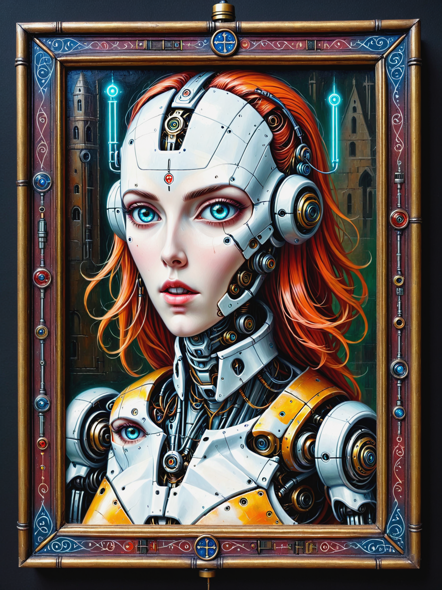 rectangular frame, painting, medieval  jed-rbt witch, robot, cyberpunk  <lora:pam-mdvl:1> pam-mdvl  <lora:RoboStyle:0.6>, (masterpiece:1.2), best quality
