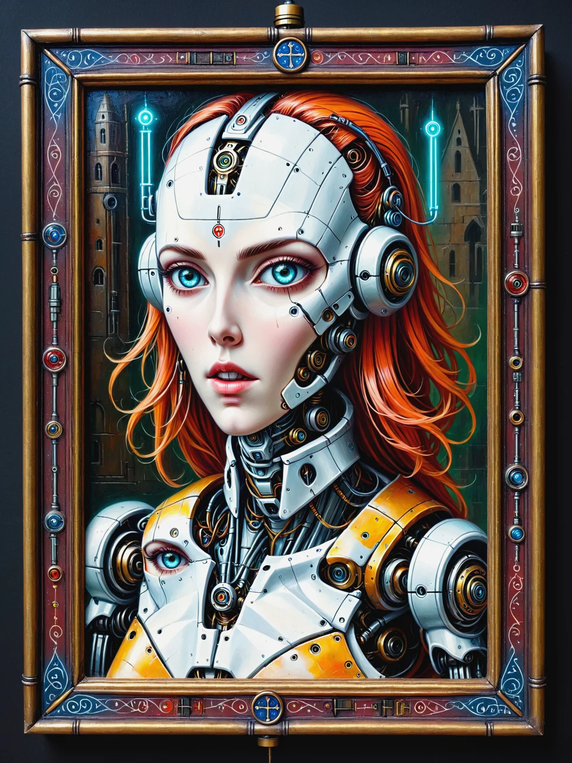 rectangular frame, painting, medieval  jed-rbt witch, robot, cyberpunk  <lora:pam-mdvl:1> pam-mdvl  <lora:RoboStyle:0.6>, (masterpiece:1.2), best quality