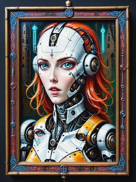 rectangular frame, painting, medieval jed-rbt witch, robot, cyberpunk <lora:pam-mdvl:1> pam-mdvl <lora:RoboStyle:0.6>, (masterpiece:1.2), best quality