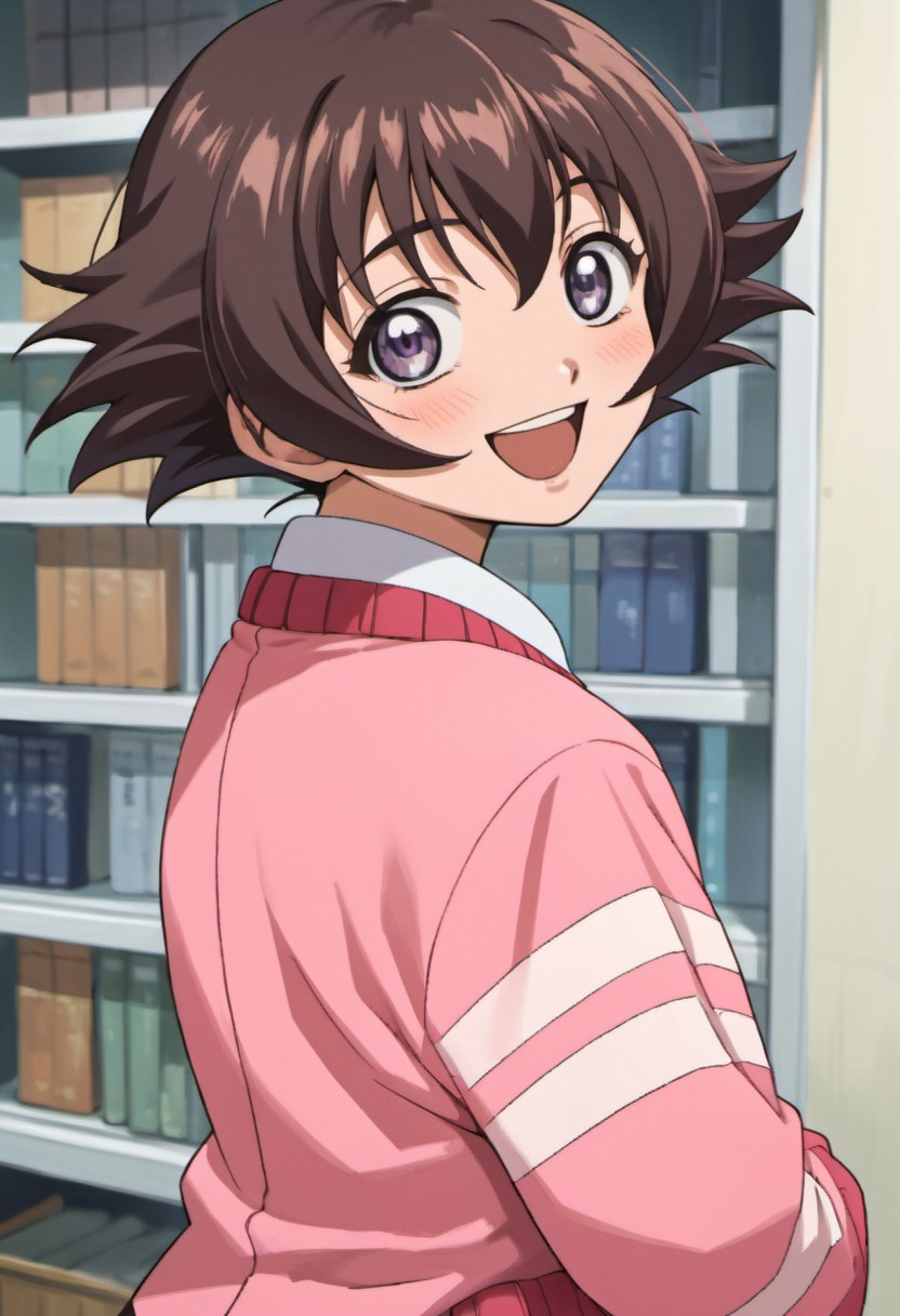 score_9, score_8_up, score_7_up, source_anime, shirahama honoka, brown hair, short hair, purple eyes, solo, 1girl, smile, open mouth, looking at viewer, blush, :d, looking back