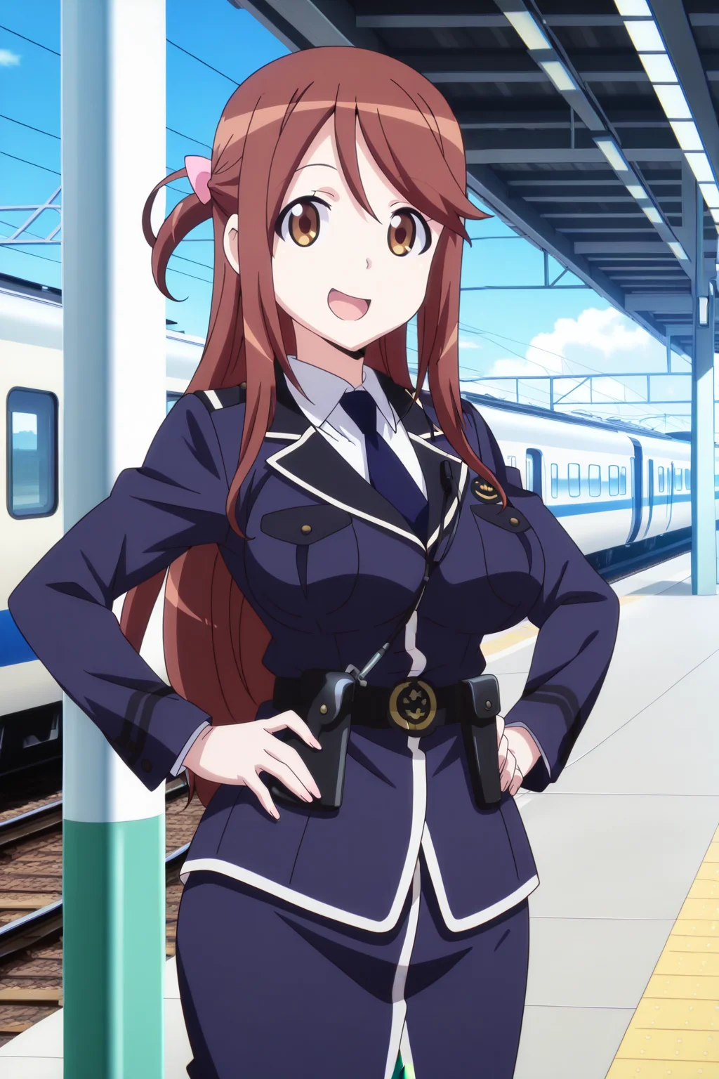 anime screenshot, anime coloring, iida nana, 1girl, solo, brown hair, long hair, one side up, hair bow, pink bow, brown eyes, large breasts, police uniform, blue jacket, white shirt, collared shirt, long sleeves, blue skirt, pencil skirt, blue necktie, black belt, holster, brown pantyhose, looking at viewer, smile, open mouth, hands on own hips, cowboy shot, train station, day, blue sky, outdoors, masterpiece, best quality, high quality, highres, absurdres, <lora:iida_nana_ILXL_v2:0.9>