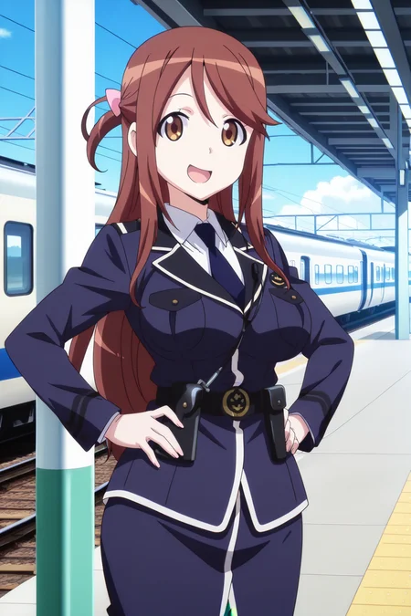 anime screenshot, anime coloring, iida nana, 1girl, solo, brown hair, long hair, one side up, hair bow, pink bow, brown eyes, large breasts, police uniform, blue jacket, white shirt, collared shirt, long sleeves, blue skirt, pencil skirt, blue necktie, black belt, holster, brown pantyhose, looking at viewer, smile, open mouth, hands on own hips, cowboy shot, train station, day, blue sky, outdoors, masterpiece, best quality, high quality, highres, absurdres, <lora:iida_nana_ILXL_v2:0.9>