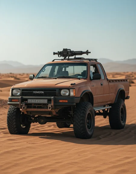 Brown rusty inflatable rubber 1990s Toyota Hilux pickup in the desert with a machine gun on the roof