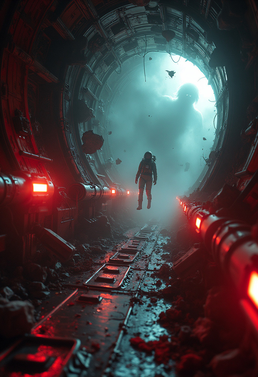 A disorienting, canted-angle shot of a derelict spaceship, the "Aurora's Requiem", plummeting through a maelstrom of dark, iridescent clouds in a distant, uncharted galaxy. The camera peers upward from the floor of a cramped, zero-gravity corridor, where debris and twisted wreckage float like specters. Flickering, crimson-hued emergency lights cast an eerie glow on the walls, as if the ship itself were bleeding. In the distance, a lone, disheveled astronaut, Dr. Elara Vex, clings to a ruptured pipe, her eyes wide with terror as an otherworldly, shadowy entity bursts forth from the walls, its dark tendrils writhing like living darkness. The shot lingers, emphasizing the sense of claustrophobia and inescapable dread, as the ship careens toward an abyss of madness and terror.