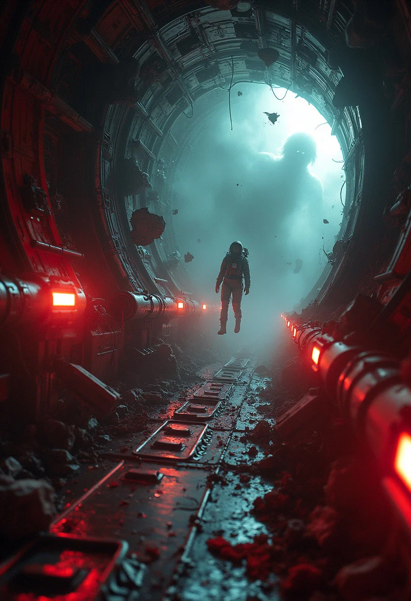 A disorienting, canted-angle shot of a derelict spaceship, the "Aurora's Requiem", plummeting through a maelstrom of dark, iridescent clouds in a distant, uncharted galaxy. The camera peers upward from the floor of a cramped, zero-gravity corridor, where debris and twisted wreckage float like specters. Flickering, crimson-hued emergency lights cast an eerie glow on the walls, as if the ship itself were bleeding. In the distance, a lone, disheveled astronaut, Dr. Elara Vex, clings to a ruptured pipe, her eyes wide with terror as an otherworldly, shadowy entity bursts forth from the walls, its dark tendrils writhing like living darkness. The shot lingers, emphasizing the sense of claustrophobia and inescapable dread, as the ship careens toward an abyss of madness and terror.