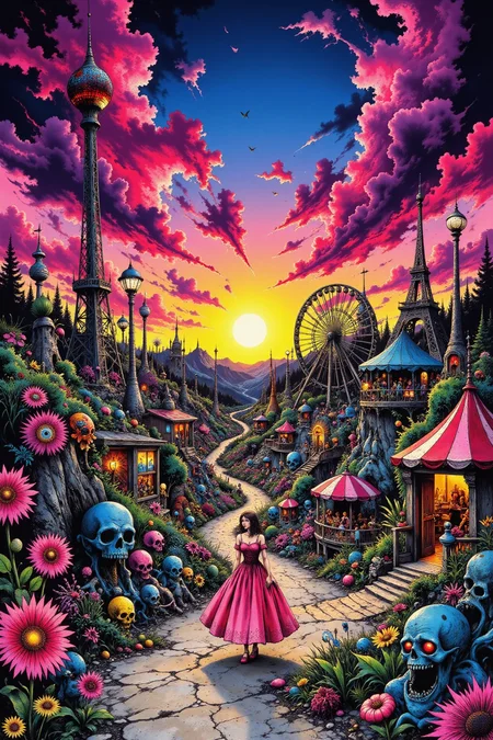 amusement park beautiful anime landscape, sunset, woman, very intricate, very detailed, sharp, bright, colorful, <lora:Hand v2:0.5> <lora:Anti-Blur:1><lora:Insane Detail Slider:0.25> <lora:flux.1_lora_flyway_Epic-detail_v2:0.3> <lora:fluxenhancer:0.25> <lora:ROWER:0.6> <lora:flux-charmer-v1-1:0.4> <lora:Crazy_Horror:1> cr3z1h0rr0r