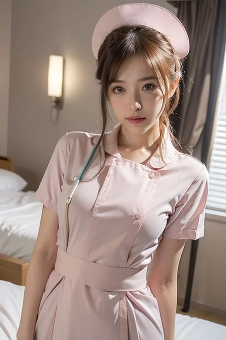 (nurse, nurse uniform:1.477), shiny skin, slim body, ((small breasts)) Asian woman, Japanese woman, (cheek poking), ((narrow waist)), (wide hips), hospital bed, pov, photo, (pink lingerie:0.8), pale skin, 1girl, ultra high res, realistic photorealistic, ultra-detailed, finely detailed, high resolution, perfect dynamic composition, (perfect eyes), (detailed eyes), solid circle eyes, ccurate, sparkling eyes, (clean eyes), anatomically correct, super detail, textured skin, extremely detailed face and eyes, detailed facial features, ((perfect face))