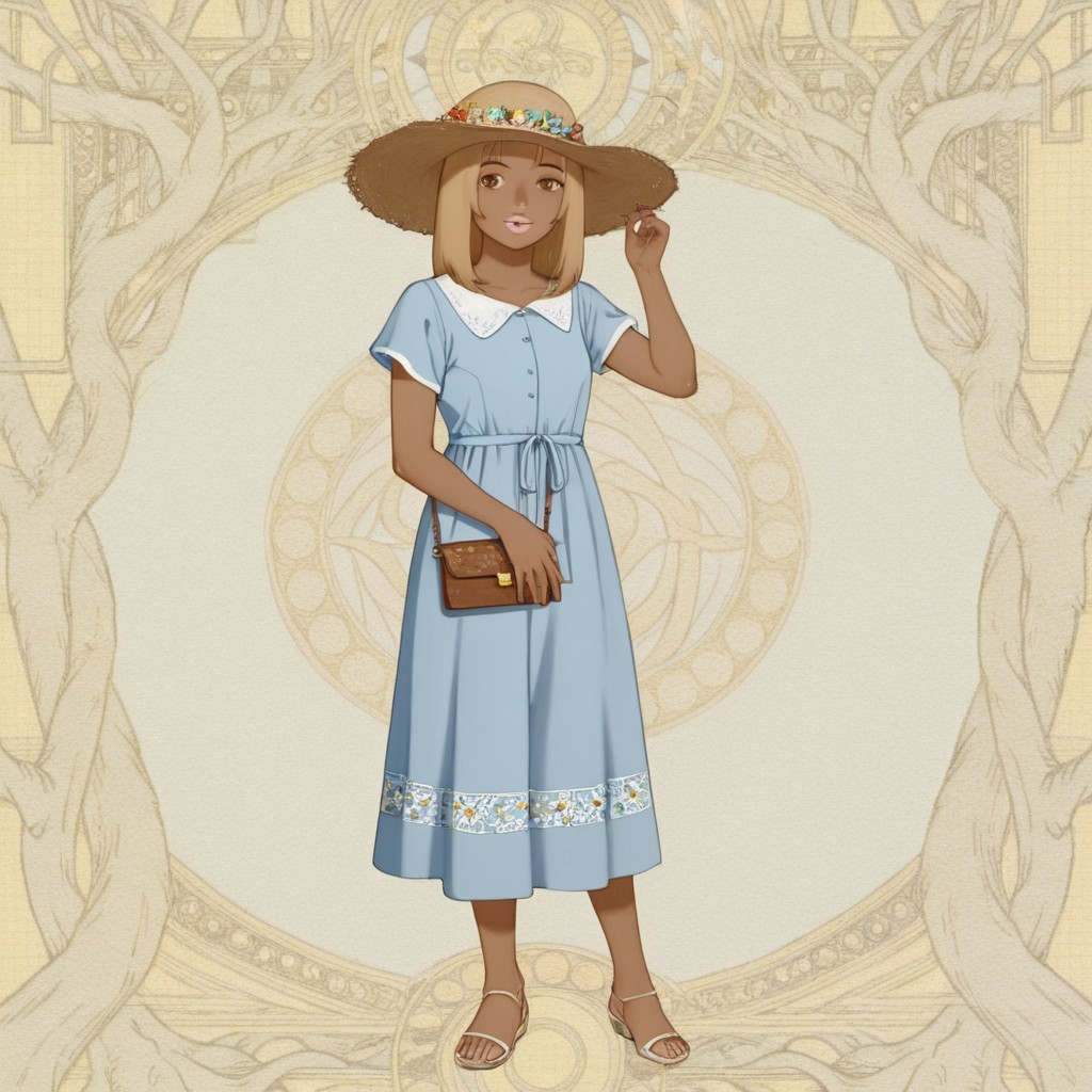 gygirl, 1girl, solo, short blonde hair, bangs, pink lips, brown eyes, tanned skin,
Full body, gygirl in a light blue dress decorated with flowers, a straw hat. gygirl smiling as she holds a wallet as she walks in a field of flowers