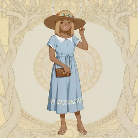 gygirl, 1girl, solo, short blonde hair, bangs, pink lips, brown eyes, tanned skin,
Full body, gygirl in a light blue dress decorated with flowers, a straw hat. gygirl smiling as she holds a wallet as she walks in a field of flowers